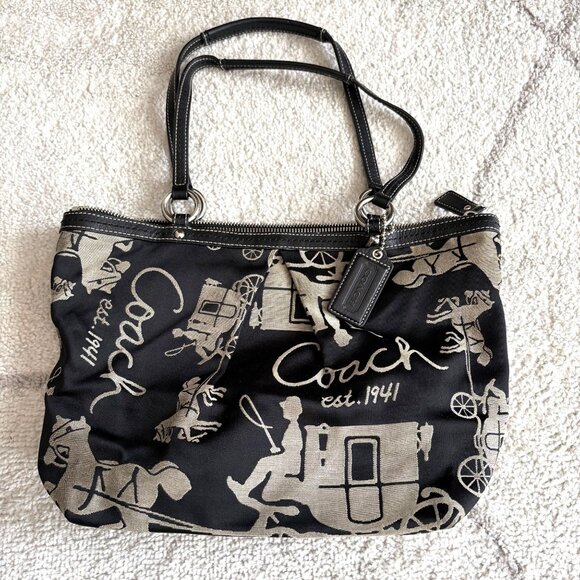Coach Legacy Black Canvas Tote Bag Horse & Carriage Graphic Print Est. 1941 - Picture 1 of 7